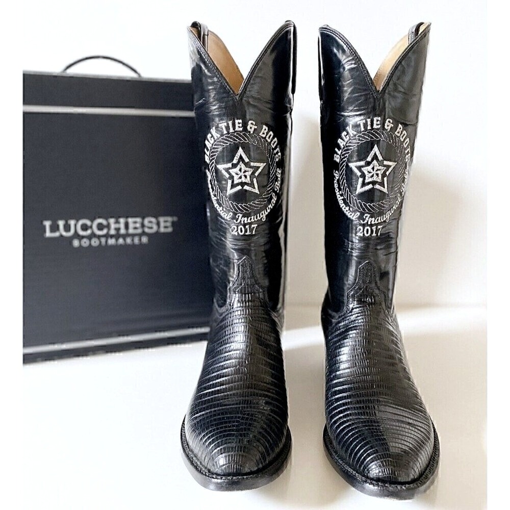 Lucchese Embroidered Texas Star Exotic Lizard Boots Mens 9.5B Black USA